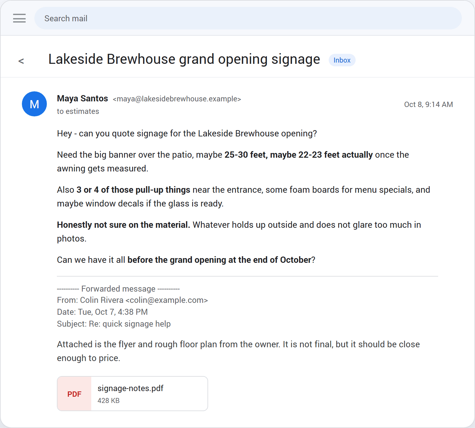 Email thread containing a messy RFQ for Lakeside Brewhouse signage
